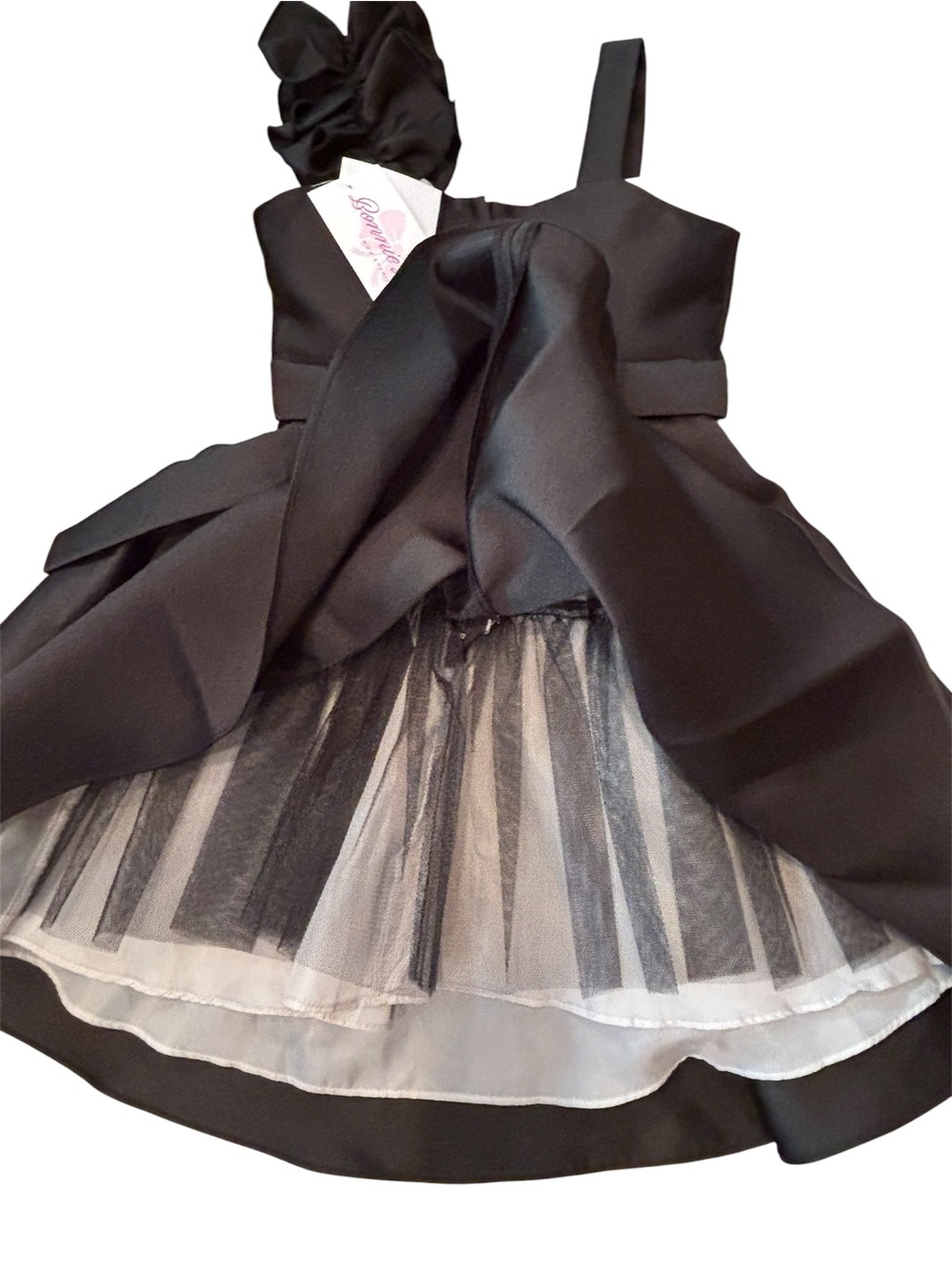 Bonnie Jean Girl’s Mikado Black Party Dress Bow & Sequin Details Swing Skirt - Picture 3 of 5